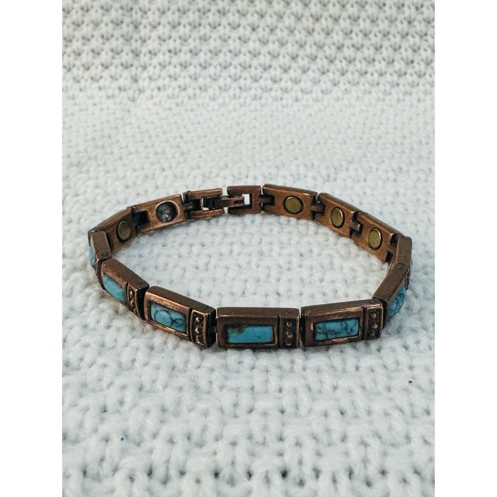 Vintage Copper Tone Turquoise Look Inlay Link Bracelet 7"